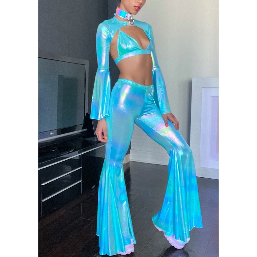 NWT Sugar Thrillz In A Trance Flare Iridescent Pants and Halter Bra Top Set